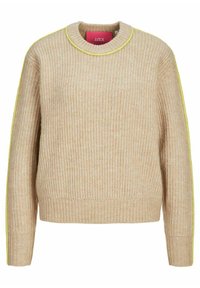 Maglione beige lavorato a maglia con texture a coste, scollatura rotonda e rifiniture gialle a contrasto sulle spalle e sulle maniche.