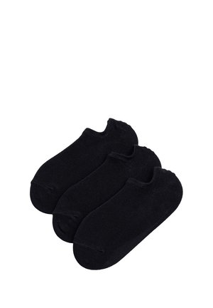 Trzy pary prostych, czarnych skarpetek do kostek ułożonych obok siebie na białym tle.