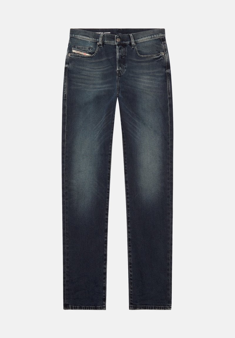 Dunkelblaue Jeans aus Denim mit geradem Bein- Schnitt, leichtem Verblassen an der Vorderseite, fünf Taschen und einem Knopfverschluss. Strapazierfähige Stofftextur.