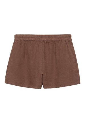 Smeđe kratke hlače s elastičnim strukom i bočnim džepovima, od mekanog materijala, prikazane ravno na bijeloj pozadini.