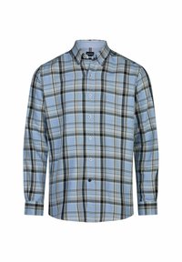 Langsleeve knoopshirt in lichtblauwe geruite patroon met zwarte en beige accenten. Gemaakt van textuurstof met een standaard kraag en manchetten.