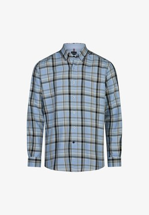 Langsleeve knoopshirt in lichtblauwe geruite patroon met zwarte en beige accenten. Gemaakt van textuurstof met een standaard kraag en manchetten.