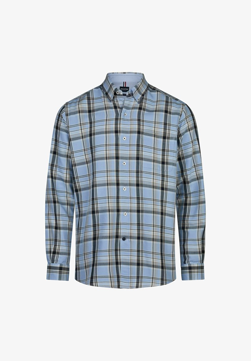Langarm-Hemd mit Knopfleiste im hellblauen Karomuster mit schwarzen und beigen Akzenten. Hergestellt aus strukturiertem Stoff mit Standardkragen und -manschetten.