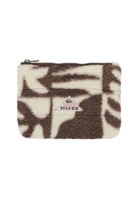 Bruine en crèmekleurige ritstas, gemaakt van gestructureerde fleece. Heeft abstracte patronen en een klein logo in een driehoek. Rectangulaire vorm.