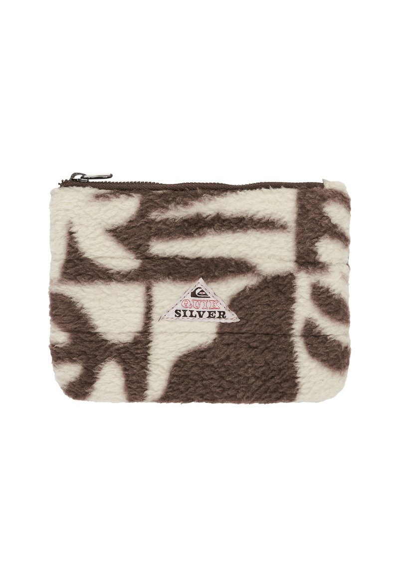 Bruine en crèmekleurige ritstas, gemaakt van gestructureerde fleece. Heeft abstracte patronen en een klein logo in een driehoek. Rectangulaire vorm.