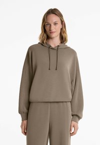 Hooded sweatshirt in taupe, made from soft fabric. Features dropped shoulders, ribbed cuffs, and a relaxed fit.