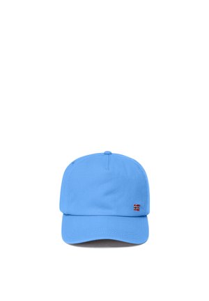 Cappellino da baseball azzurro con un piccolo emblema della bandiera della Norvegia ricamato sul lato anteriore destro.