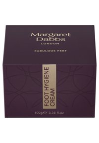 Lila låda märkt "Margaret Dabbs London FOOT HYGIENE CREAM," med gulddetaljer och mönster, väger 100g (3,38 fl. oz).