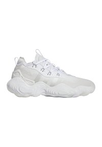 Weiße Sportschuhe mit einer strukturierten Oberseite, abgerundeter Sohle und ausgeprägter Dämpfung. Verfügt über Schnürsenkel und eine glatte Oberfläche.