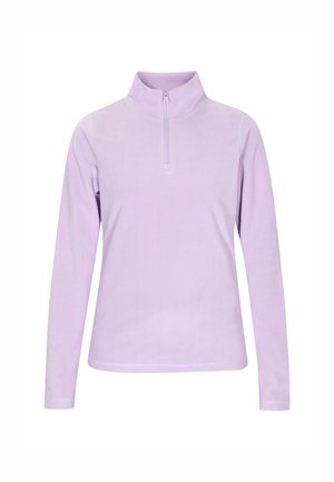 Lila fleece pullover met een halve rits, opstaande kraag, lange mouwen, een gladde textuur en platlock naden voor comfort en stijl.