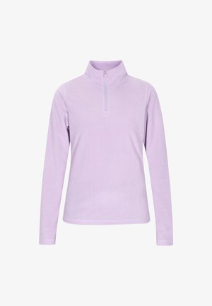 Levendula színű bolyhos pulóver fél cipzárral, állógallérral, hosszú ujjakkal, sima textúrával és lapos varrással a kényelem és stílus érdekében.