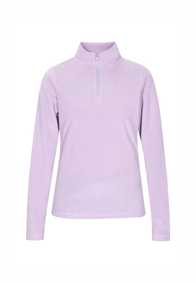 Pullover in pile lilla con collo alla francese a mezza zip, maniche lunghe, texture liscia e cuciture piatte per comfort e stile.