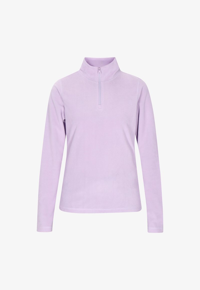 Pullover in pile lilla con collo alla francese a mezza zip, maniche lunghe, texture liscia e cuciture piatte per comfort e stile.