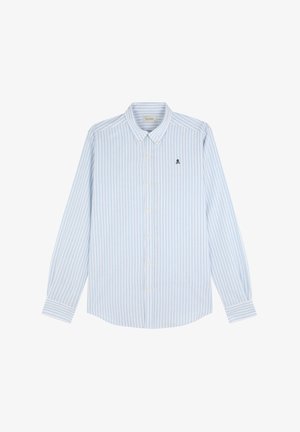Gestreifte Hemdbluse in Hellblau und Weiß. Baumwollstoff, lange Ärmel und kleines Totenkopf-Logo auf der linken Brust. Klassisches Kragen-Design.