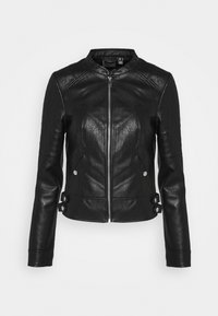 Schwarze Lederjacke mit strukturierter Gestaltung, ausgestattet mit einem Reißverschluss, gestepptem Muster an den Ärmeln und metallischen Hardware-Akzenten.