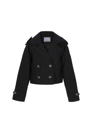 Zwarte cropped jas van gladde stof, met een dubbelzijdige voorkant, grote revers en knoopmanchetten. Afgemaakte met decoratieve knopen.
