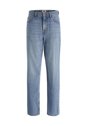 Jean droit bleu clair en denim, avec un design classique à cinq poches, fermeture à bouton et coutures contrastées.