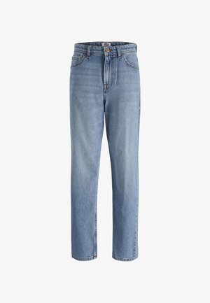Light blue straight-leg jeans made from denim, featuring a classic five-pocket design, button closure, and contrasting stitching.