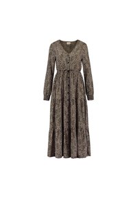 Maxiklänning i leopardmönster med långa ärmar, V-ringning, åtsittande midja och lager på lager kjol. Tillverkad av lätt material med en mjuk textur.