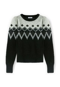 Maglione a maglia nero e grigio con scollatura tonda, caratterizzato da un motivo a rombi e dettagli testurizzati, realizzato in un materiale morbido e peloso.