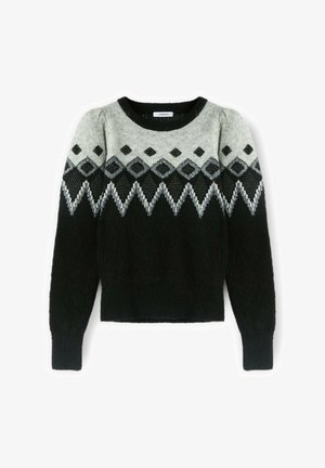 Jersey de punto negro y gris con cuello redondo, que presenta un patrón de diamantes y detalles texturizados, elaborado con un material suave y peludo.