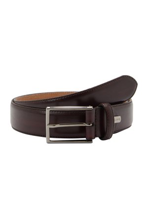 Dark brown leather belt with silver rectangular buckle, slightly coiled, on a white background.
