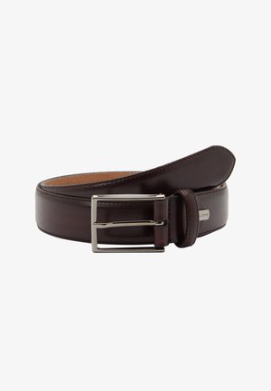 Dark brown leather belt with silver rectangular buckle, slightly coiled, on a white background.