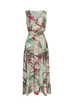 Maxi dress in lightweight fabric featuring a tropical palm leaf print in green, pink, and brown, with a fitted waist and a V-neckline.