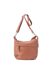 Leather shoulder bag in light tan, featuring a zippered pocket on the front, adjustable strap, and soft, textured finish.