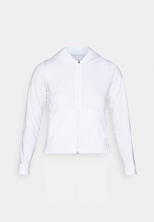 Vit, lättvikts zip-up jacka med huva, långa ärmar och åtsittande design. Tillverkad av ett slätt, andningsbart tyg med en elegant finish.