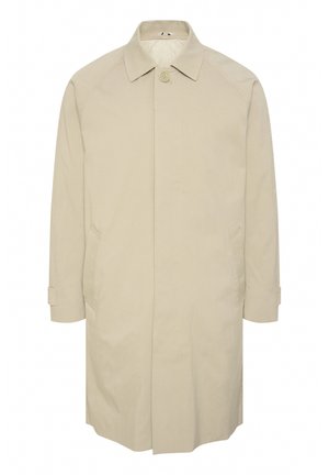 Béžový trenčkot se zapínáním na jeden knoflík, dlouhými rukávy, postranními kapsami a rovný střihem. Má klasický límec.