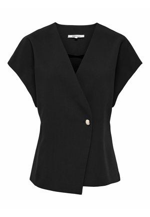 Blouse noire à manches courtes cache-cœur avec un profond col en V et un unique bouton décoratif doré sur le devant.