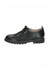 Scarpe in pelle nera con punta arrotondata, decorazioni cucite lungo la parte superiore e una robusta suola in gomma con grip strutturato.