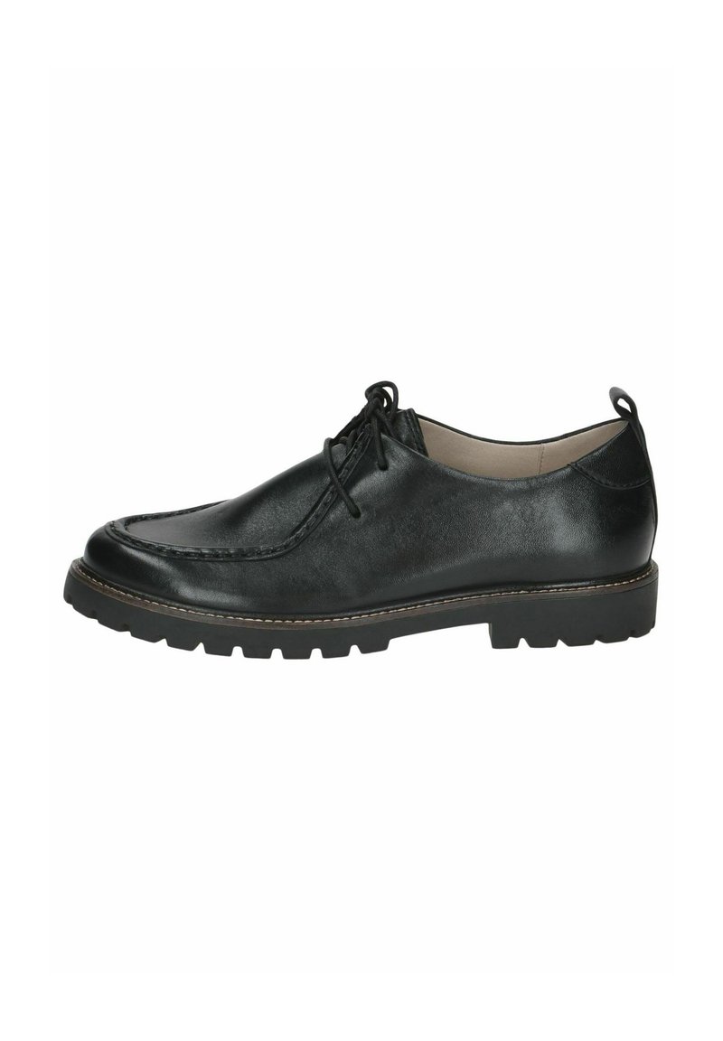 Scarpe in pelle nera con punta arrotondata, decorazioni cucite lungo la parte superiore e una robusta suola in gomma con grip strutturato.