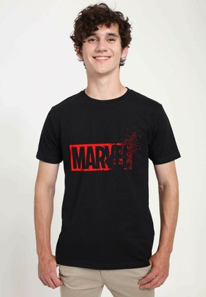 Black cotton t-shirt featuring a large red "MARVEL" logo with a distressed effect, short sleeves, and a crew neckline.