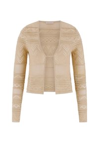 Beige cardigan with open front, intricate textured patterns and long sleeves. Features geometric designs in a lightweight, knit fabric.