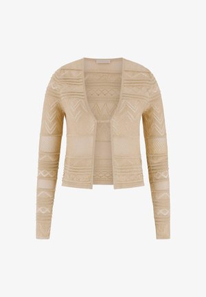 Beige cardigan med åben front, intrikate teksturmønstre og lange ærmer. Har geometriske designs i et let strikket stof.
