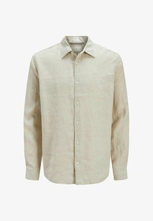 Bēša lina krekls ar pogu aizdari, garām piedurknēm, norādīto apkakli un gludu tekstūru.