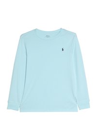 Ljusblå långärmad T-shirt i mjuk bomull, med rund halsringning och en liten svart logotyp på bröstet.