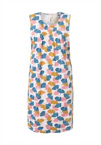 Abito senza maniche in cotone leggero con uno sfondo bianco e motivi di foglie di ginkgo blu, rosa e oro; dettaglio plissettato sul collo.