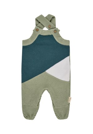 Knitted baby romper with green, teal, and white geometric pattern, crossed shoulder straps with buttons, and footed legs.