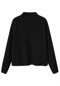 Schwarzer Pullover mit langen Ärmeln und hohem Kragen, lockerer Passform, weicher Textur und minimalen Nähten. Einfaches und vielseitiges Design ohne Verzierungen.