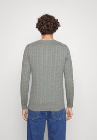 Šedý pletený svetr s copánkovým vzorem, kulatým výstřihem a žebrovanými manžetami. Nošený s modrými džínami, zobrazený zezadu.