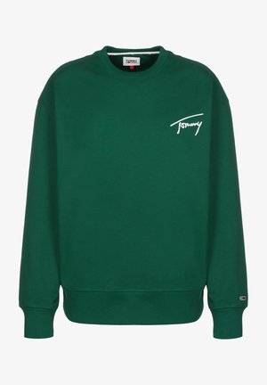 Zelená mikina vyrobená z měkké tkaniny má kulatý výstřih, vroubkované manžety a lem, s bílým vyšitým logem "Tommy" na hrudi.
