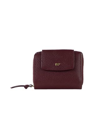 Portafoglio in pelle bordeaux con finitura texturizzata, patta frontale e dettagli in metallo dorato con un piccolo logo. Chiusura con zip.