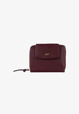 Portafoglio in pelle bordeaux con finitura texturizzata, patta frontale e dettagli in metallo dorato con un piccolo logo. Chiusura con zip.