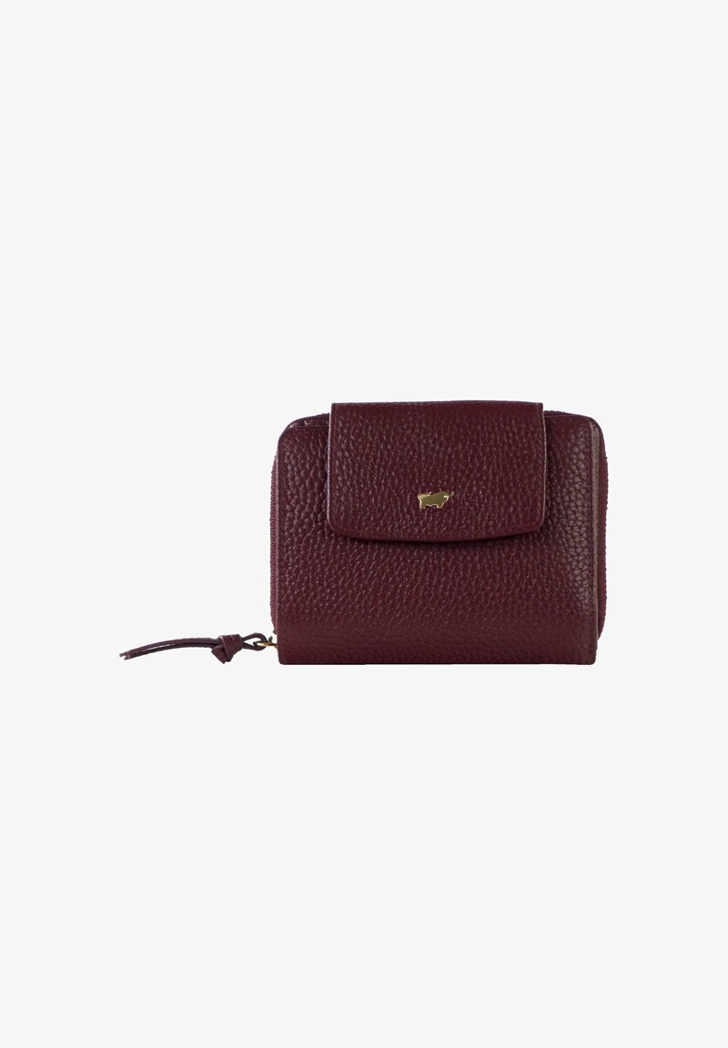 Portafoglio in pelle bordeaux con finitura texturizzata, patta frontale e dettagli in metallo dorato con un piccolo logo. Chiusura con zip.