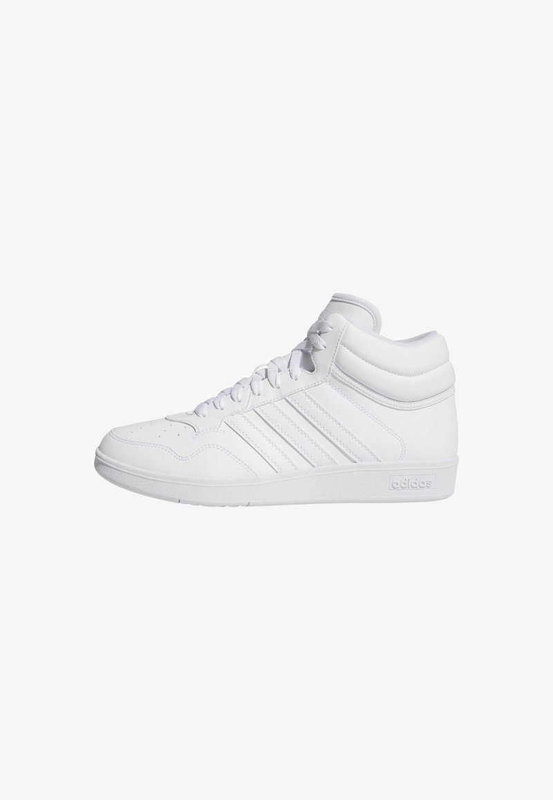 White high-top sneakers with a smooth leather upper, six eyelets, three side stripes, and a textured rubber sole.