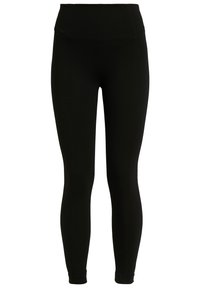 Svarta leggings gjorda av elastiskt tyg med hög midja, med en slät textur och figurpassande design, lämpliga för träning.