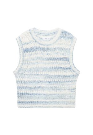 Top senza maniche lavorato a maglia nei toni del blu chiaro e bianco a righe. Presenta un collo rotondo e un tessuto strutturato con un aspetto morbido.